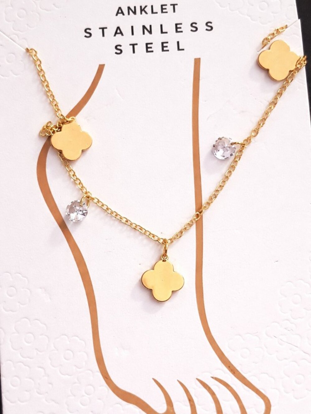 Gold Clover Charm Anklet | Stainless Steel | Dainty Anklet w/ Crystal Accent